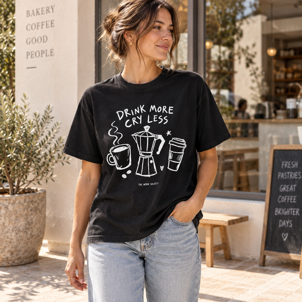 Drink More, Cry Less — Vintage Coffee Graphic Tee