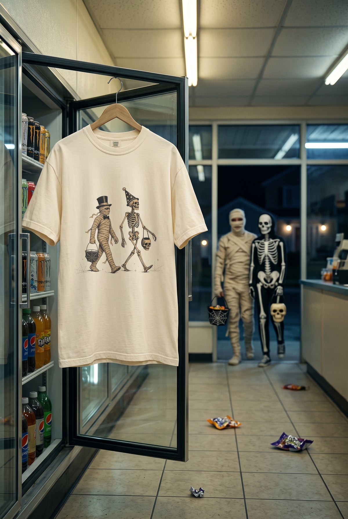 Trick or Treat — Vintage Halloween Skeleton & Mummy Graphic Tee