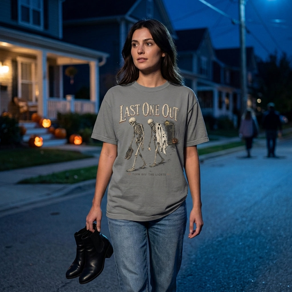 Last One Out — Vintage Halloween Skeleton Graphic Tee